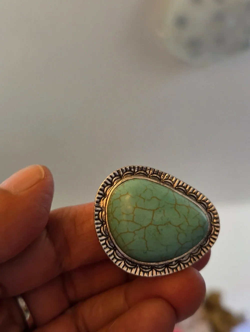 Artisan Faux Turquoise Silver Marbled Ring Size 9 Adjustable Statement Ring